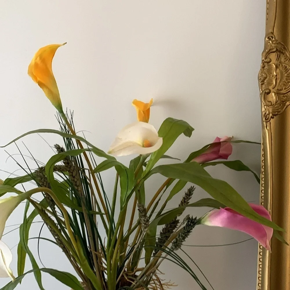 Brass pedestal vase calla Lilly arrangements dry‎ and faux greenery home decor
